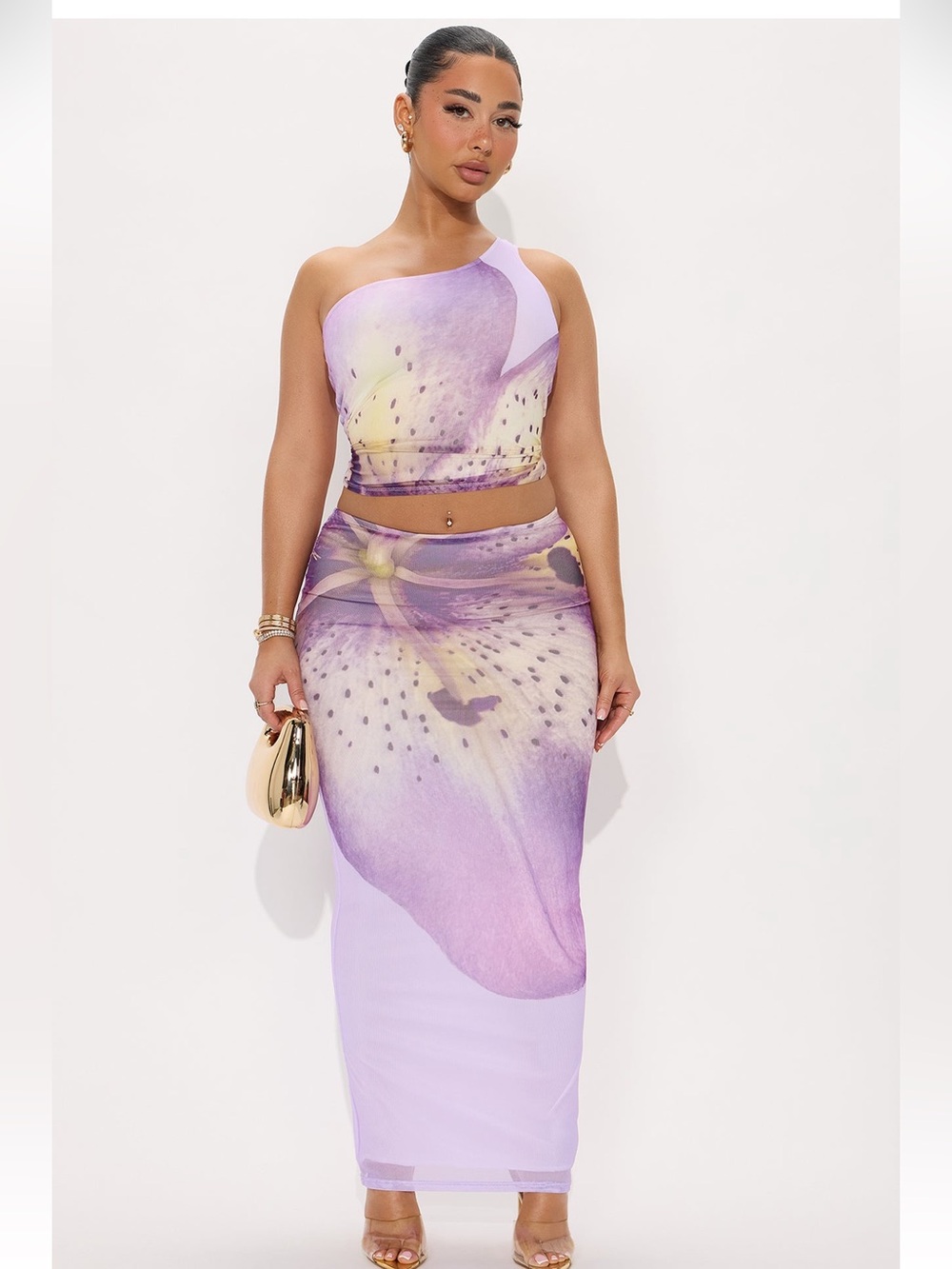 Fashion Nova Lavender Floral One-Shoulder Skirt Set